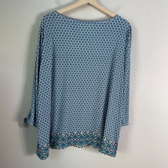 Max Studio Womens Plus 2X Blue Green Printed Blouse Tie Sleeve Stretch Tunic Top - Picture 11 of 11